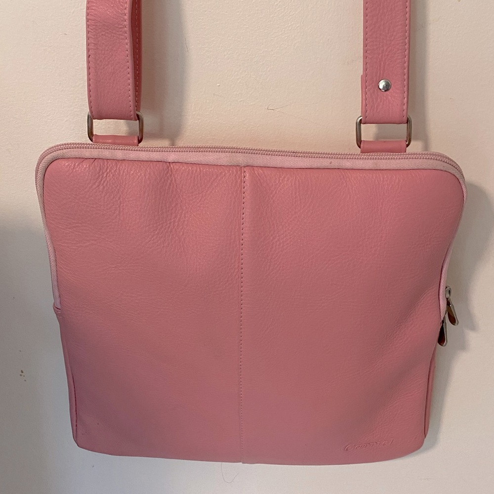 Queros pink leather Crossbody bag w/ silver details. Teal lining NWOT.